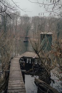 Bare trees by lake against buildings during winter