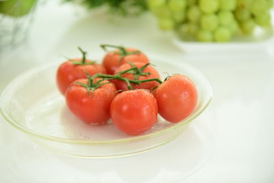 Close-up of strawberries in plate on table