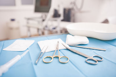 Close-up of white and blue table