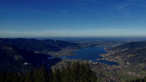 High angle view of landscape against blue sky