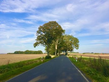 Road amidst trees on field against sky