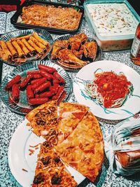 High angle view of meal served on table