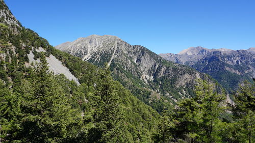 Scenic view of mountains against clear blue sky