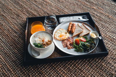 High angle view of breakfast served on table