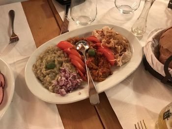 High angle view of food served on table