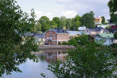 Building by lake against sky