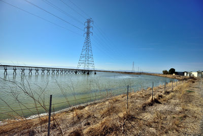 Electricity pylon on landscape against clear sky