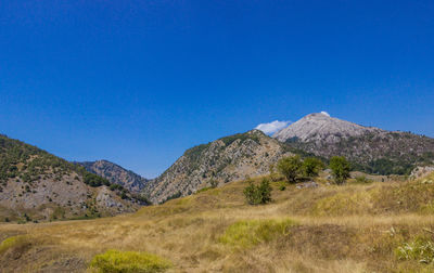 Scenic view of mountains against clear blue sky