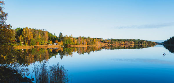 Scenic view of lake against clear blue sky