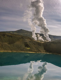 Scenic view of lake against cloudy sky