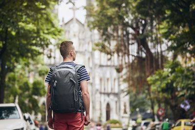 Rear view of man standing against trees in city