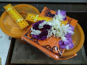 High angle view of purple flowers on table