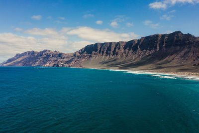 Panorama of the empty road through sandy and volcanic desert,lanzarote. view on the caleta de famara