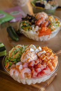 High angle view of food in plate on table