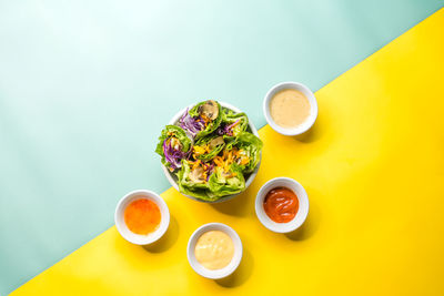 High angle view of breakfast on table