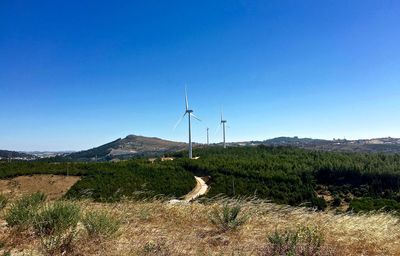 Windmill on field against clear blue sky