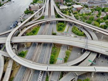 Birds eye high angle view of elevated roads