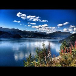 Scenic view of lake against cloudy sky