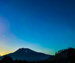 Scenic view of silhouette mountains against clear blue sky at night