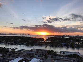 Scenic view of city against sky during sunset