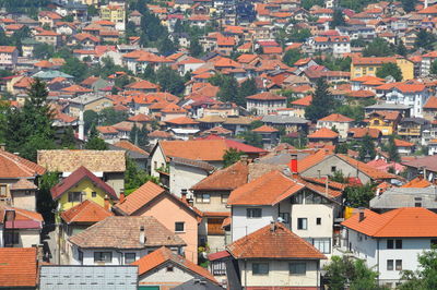 High angle view of buildings in city