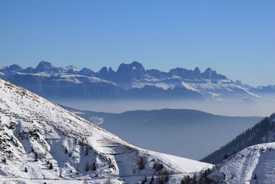 Snow covered rocky landscape against clear blue sky