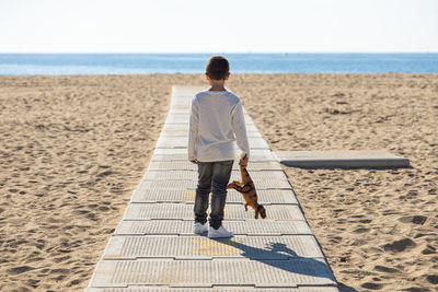 Little kid on a beach walkway with a dinosaur in his hands