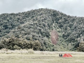 Rear view of woman standing on mountain against sky