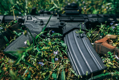 High angle view of empty benches in yard
