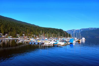 Boats moored in lake against blue sky