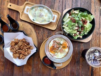 High angle view of meal served on table