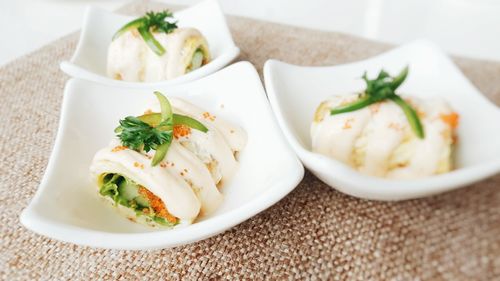 High angle view of food served in bowl on table