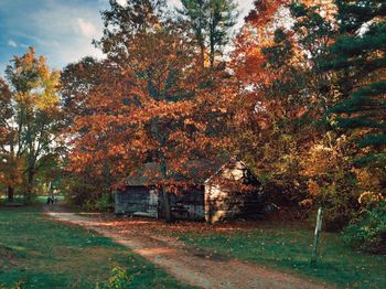 Trees by house against sky during autumn