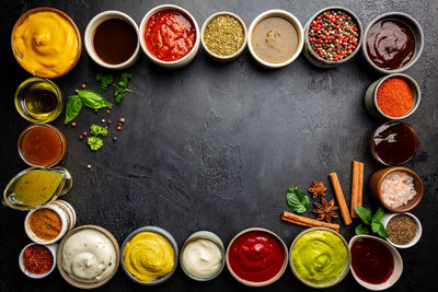 High angle view of various food on table