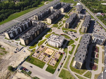 High angle view of buildings in city