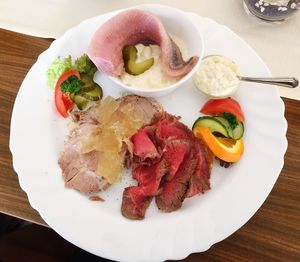 High angle view of meal served in plate on table