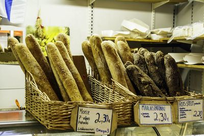 Assorted baguette breads in bakery shop