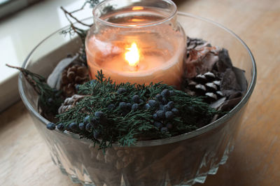 High angle view of pine cones on table