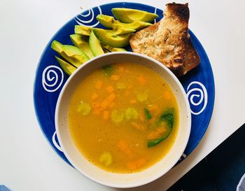 High angle view of soup in bowl on table