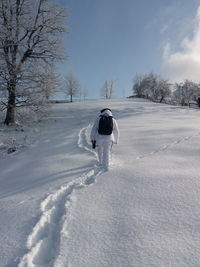 Rear view of person walking on snow covered field