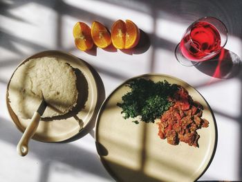 High angle view of meal served on table