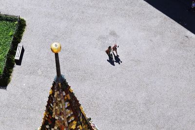 High angle view of people walking on road