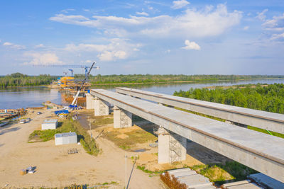 Aerial view of highway bridge under construction. poland warsaw, wilanow. s2 road
