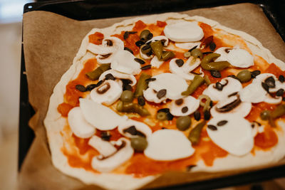 High angle view of pizza on table