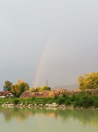 Scenic view of rainbow over lake against sky