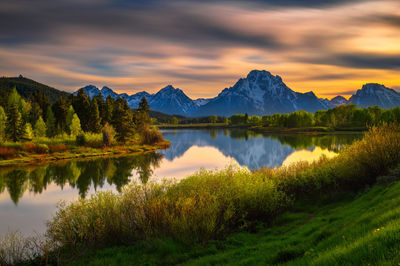 Scenic view of lake against sky during sunset