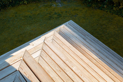 High angle view of wood by water