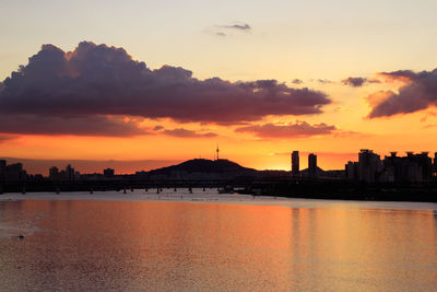 Scenic view of silhouette buildings against sky during sunset