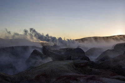 Scenic view of landscape against clear sky during sunset