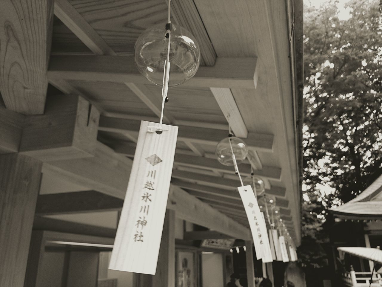 hanging, text, low angle view, communication, western script, built structure, architecture, building exterior, lighting equipment, non-western script, decoration, lantern, day, indoors, no people, wood - material, store, information sign, building
